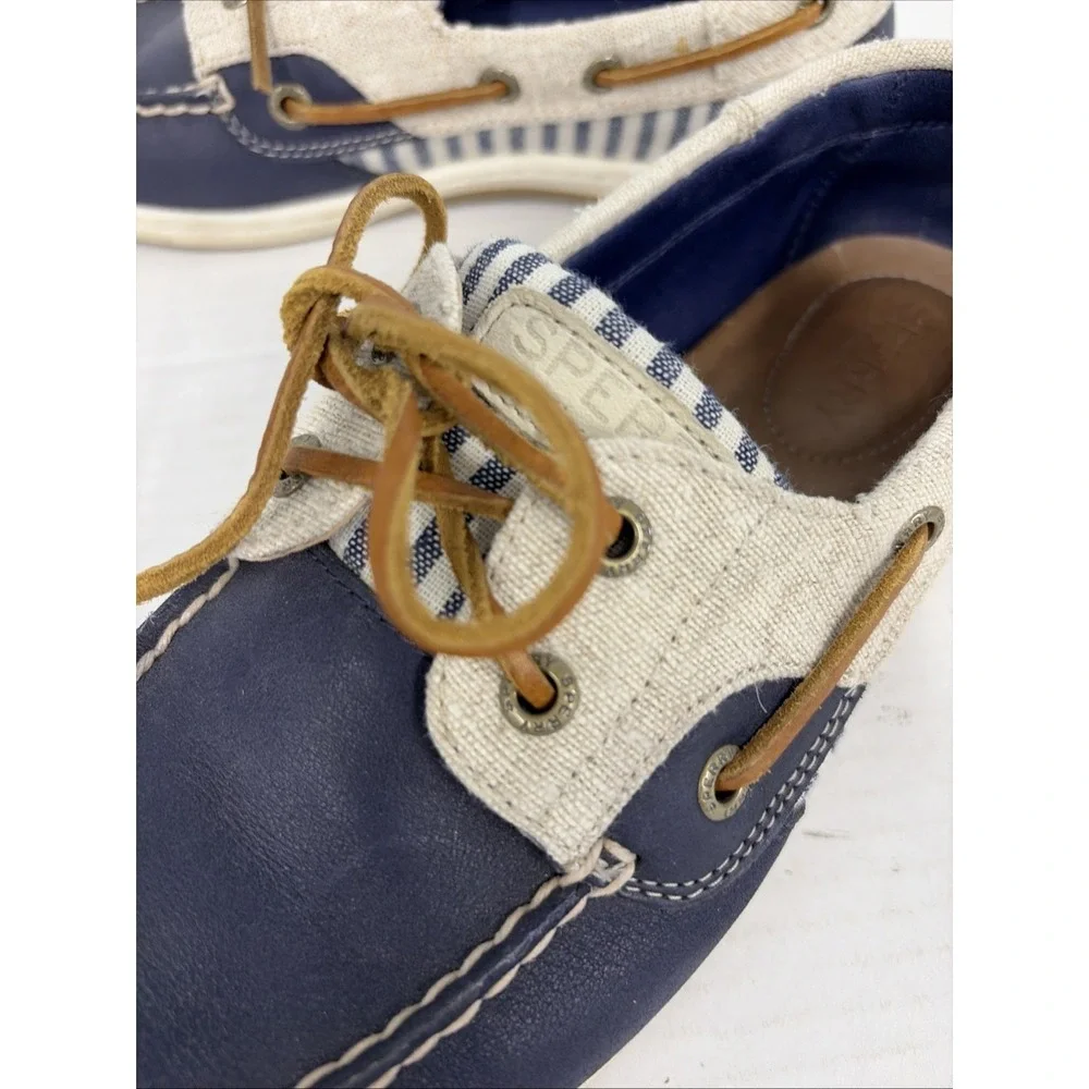 Sperry Top-Sider Women's 8M Boat Shoes Navy Cream Striped Leather Canvas T14